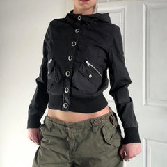 Cyflymder Black Single-breasted Stand-up Jacket Women Casual Full Sleeve Coats Vintage 2000s Outwear y2k Outfits Autumn Cardigan