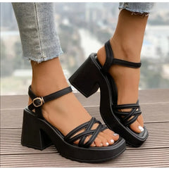 Cyflymder Thick Heel Sandals for Women Shoes Summer Outside 2025 New Ankle Buckle Waterproof Platform Cross Strap High Heels Black White
