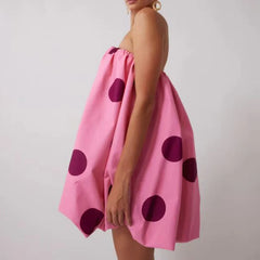 Cyflymder Women Elegant Hight Waist Loose A-Line Dress Sexy Off Shoulder Strapless Short Dress Retro Polka Dot Print Sleeveless Mini Dress