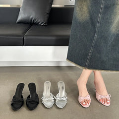 Cyflymder Summer New Women's Slippers Bow Toe Fine Heel Medium Heel Drag Shoes Outer Wear High Heel Women's Sandals 40 Yards