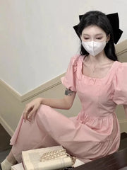 Cyflymder Pink Square Neck Long Dress Summer New Style First Love Sweet Super Fairy Elegant Casual Dress