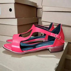 Cyflymder Casual Low Heel Red Women's Sandals Cutout Peep-Toe T-Strap Sandals Shoes