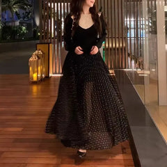 Cyflymder Women's Clothing Korean Polka Dot Long Skirts Vintage High Waist Spring Summer Aura Basic A-Line Stylish Folds Elegant Skirts