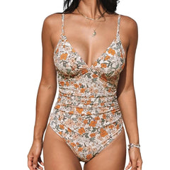 Cyflymder Retro Women One Piece Swimsuit Floral Pattern V Neck Suspender High Waist Bathing Suit New Simple Graceful Bodysuits Bikini