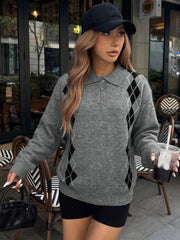 Cyflymder Autumn Vintage Argyle Turn Down Collar Long Sleeve Loose All Match Streetwear Knitted Pullovers