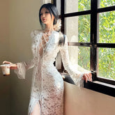 Cyflymder French Elegant Style Women's Flavor Lace Horn Sleeve Lace Sexy High Slit Dress Long Sleeves Minimalist Casual Dress