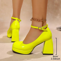 Cyflymder Women's High Heels Platform Pumps Patent Leather Chunky Heeled Lolita Shoes Woman Plus Size Fashion Ankle Strap Mary Jane Pumps