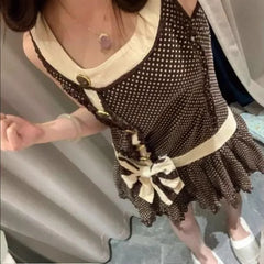 Cyflymder New Y2K French Retro Polka Dot Print Summer Slim Dress Sweet Bow Appliques Sleeveless Dress Harajuku Buttons Design Punk Clothes