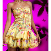 Cyflymder Colorblock Dresses For Women Strapless Sleeveless Patchwork smocked bodice Vintage summer Dress Female Clothing