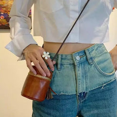 Cyflymder Retro Brown Mini Crossbody Bag Women PU Leather Small Capacity Cylinder Shoulder Bags Ladies Fashion Key Lipstick Storage Purse