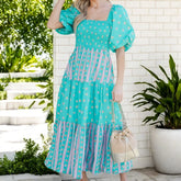 Cyflymder Bohemian Dress y2k Women Floral Print Square Neck Puff Sleeve A-Line Dress Beach Party Long Flowy Dress Streetwear