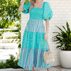 Cyflymder Bohemian Dress y2k Women Floral Print Square Neck Puff Sleeve A-Line Dress Beach Party Long Flowy Dress Streetwear