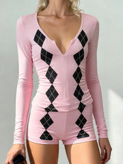 Cyflymder Fashion Argyle Print Matching Set Women's Zip-up Front V-Neck Long Sleeve T Shirt&Shorts 2 Piece Outfit Casual Lounge Wear