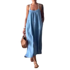 Cyflymder Women Cotton Linen Solid Color Dresses Side Pocket Backless Suspenders Dress Female Daily Comfortable Casual Commuter Gown