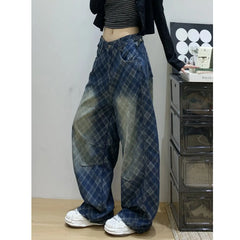 Cyflymder Retro Plaid Jeans Women's Autumn and Winter New Loose Wide-leg Pants Design Long Pants