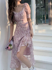 Cyflymder Summer Short Sleeve Fairy Floral Dress Woman Beach Party One Piece Dress Korean Style French Elegant Midi Dress Casual Chic