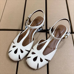 Cyflymder Summer Women Flat Sandals Breathable Hollow Out Retro T-strap Design Square Toe Casual Travel Roman Ladies Beach Shoes