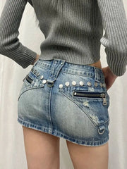 Cyflymder American Retro Riveted Denim Skirt Short Skirt Summer Spice Girl High Waist Slim
