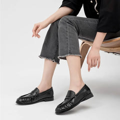 Cyflymder Lady Loafers Model Handcrafted Retro Pleated Single Shoes for Women, Women's Low-Heeled Leather Suede Shoes