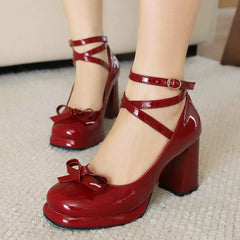 Cyflymder Big Size 43 Sweet Bow knot Mary Janes Shoes Cute Burgundy Ankle Strap Pumps Lolita Platform Block High Heels White Wedding Pumps