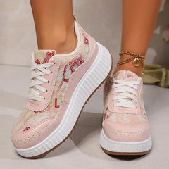 Cyflymder Fashion Glitter Platform Sneakers Women Spring Lace Up Pink Sports Shoes Woman Plus Size 43 Thick Bottom Walking Shoes