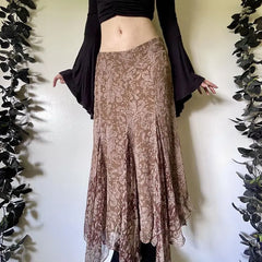 Cyflymder Y2K Retro Print Skirt Women American Style Sheer Mesh Long Skirt, Asymmetrical Hem Low Waist High Slit Maxi Skirt