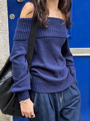 Cyflymder Harajuku Women's Sweater Aesthetically pleasing solid color off-shoulder chic retro American everyday street style commuter top