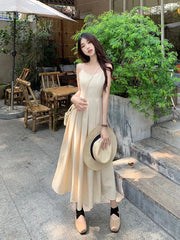Cyflymder Audrey Hepburn Style Sling Dress Summer New French Style Socialite Elegant Tight Waist Slimming Mid-length Pleated Skirt