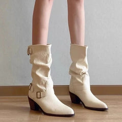 Cyflymder Autumn Winter Vintage Thick Heel Women Western Cowboy Boots Slip On Belt Buckle Shoes Ladies Mid Calf Botas Zapatos De Mujer