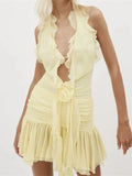 Cyflymder 3D Flower Patchwork Mini Dress for Women Halter Tie-up Off Shoulder Backless Ruched Summer Dress Tassel Vestidos