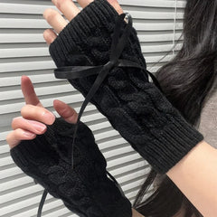 Cyflymder New Sweet Cool Lolita Cute Bowknot Half Fingerless Gloves Ribbon Bow Sleeves Subcultural Fake Sleeves Knitted Hand Sleeves