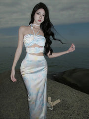 Cyflymder Dopamine Sexy Strapless Long Dress Sanya Wear A Hide-neck Rose Halter Seaside Holiday Dress