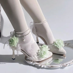 Cyflymder Lolita cosplay high heel Mary jane shoes y2k heels rose wedding shoes bridal heels pointed toe heel green white heel