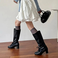 Cyflymder Autumn Winter Soft Comfortable Fabric Knee-High Boots Woman Round Toe Long Booties Square Low Heels Shoes Fashion