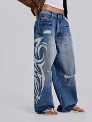 Cyflymder Vintage Y2k Ripped Jeans Women Harajuku Print Blue Baggy Distressed Denim Trousers Hip Hop Grunge Streetwear Wide Jeans