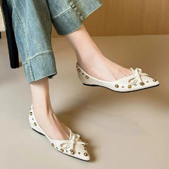 Cyflymder Comfort Soft Leather PU Pointed Toe Flat Shoes Women Pearl Rivet Bowknot Design Elegant Dress Pumps Concise Lightweight Loafers