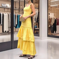 Cyflymder Elegant Sleeveless Square Collar Dress with Lace Hem for Women Fashionable Party Long Gown Ladylike Style Cross-Border Design