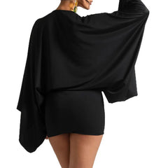 Cyflymder Women Casual Batwing Sleeve Solid Color Short Dress Elegant Draped Satin Wrap Hip Dress Sexy Deep V-neck Hight Waist Mini Dress