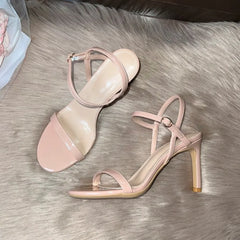 Cyflymder High Heel Shoes Summer New French Women's Sandals Stiletto Round Head Open Toe Buckle with Nude Patent Leather High Heels