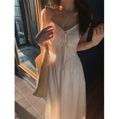 Cyflymder Fairy White Midi Dress Women Fashion Vacation Beach Spaghetti Strap Dresses Summer Korean V Neck Lace Up Bodycon A Line Vestidos