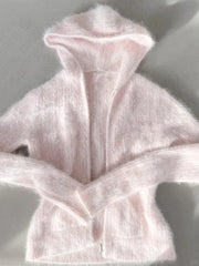 Cyflymder Y2k girls pink zipper hooded soft waxy autumn and winter style lazy mink knitted cardigan sweater jacket jacket with a short top