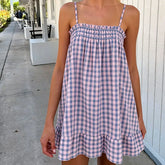 Cyflymder Women Gingham Plaid Mini Dress Smocked Ruffle Loose Flowy Sundress Coquette Summer Beach Vacation Casual Shift Dress
