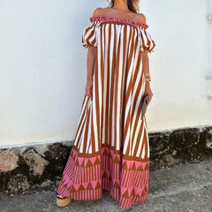 Cyflymder Casual Striped Print Backless Travel Vacation Dress Trendy Bubble Sleeve Loose Dress Elegant One Neck Off Shoulder A-List Dress