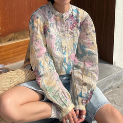 Cyflymder Vintage French Style Floral Shirt Blouse Painted Long Sleeves O-neck Bohemian Vocation Casual Ladies Women Shirt Tops