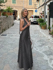 Cyflymder Polka Dot Halter Backless Long Dress Women Off Shoulder V-neck Scarf Sexy Sleeveless Dresses 2025 Summer Street Holiday Robe