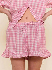 Cyflymder Summer Women's Clothing Matching Sets Casual Plaid Two Piece Set Short Sleeve Ruffled Top And Pants Polyester Acrylic Fabric