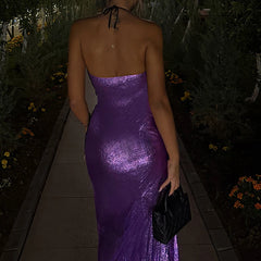 Cyflymder Summer Backless Hollow Evening Dresses Women Sexy Strapless Lace Slit Long Dress New Fashion Solid Shiny Slim Bodycon Maxi Dress