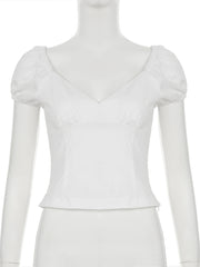 Cyflymder French Style Slim Solid Blouse Holiday Casual Deep V-Neck Short Puff Sleeve Shirts Women 2025 Summer Fashion Streetwear