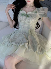 Cyflymder Spring French Sweet Lace Ruffle Mini Dress Women New Kawaii Bubble Sleeves Slim Fairy Dresses Aesthetic Elegant Fashion Outfits