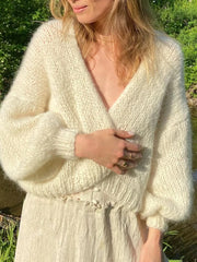 Cyflymder Women s Cozy Knit Sweater Long Puff Sleeve Open Front Solid Color Cardigan Winter Jacket with Faux Fur Trim